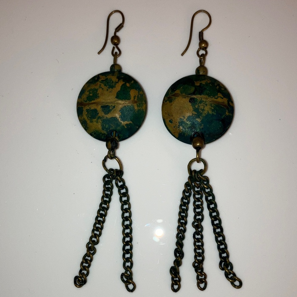 Retro verdigris-style bead and chain dangle earrings.